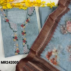 CODE MR242005 : Powder blue pure linen unstitched salwar material,thread embroidery on yoke(thin,lining needed)matching pure cotton bottom,pure linen floral printed dupatta with zari woven&abstract pallu.