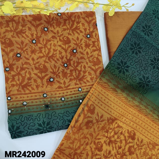 CODE MR242009 : Light orange&dark teal green premium supernet unstitched salwar material,real work on front(thin,lining needed)block printed all over,contrast silk cotton bottom,premium supernet dual shaded block printed dupatta with tapings.