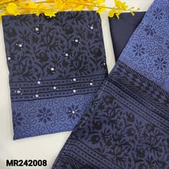 CODE MR242008 : Light blue&navy blue premium supernet unstitched salwar material,real work on front(thin,lining needed)block printed all over,contrast silk cotton bottom,premium supernet dual shaded block printed dupatta with tapings.