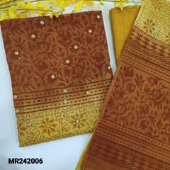 CODE MR242006 : Light brown&yellow premium supernet unstitched salwar material,real work on front(thin,lining needed)block printed all over,contrast silk cotton bottom,premium supernet dual shaded block printed dupatta with tapings.