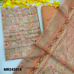 CODE MR242014 : Pastel peach semi gicha unstitched salwar material,floral print all over(lining needed)matching santoon bottom,soft silk cotton digital printed dupatta with zari woven borders.
