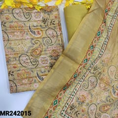 CODE MR242015 : Greenish beige semi gicha unstitched salwar material,floral print all over(lining needed)matching santoon bottom,soft silk cotton digital printed dupatta with zari woven borders.