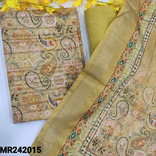 CODE MR242015 : Greenish beige semi gicha unstitched salwar material,floral print all over(lining needed)matching santoon bottom,soft silk cotton digital printed dupatta with zari woven borders.