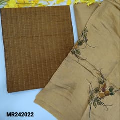CODE MR242022 : Honey brown fancy silk cotton unstitched salwar material,pintex&kantha stitch work on front(lining needed)contrast dark peach cotton bottom,soft silk cotton block printed dupatta(TAPINGS REQUIRED).