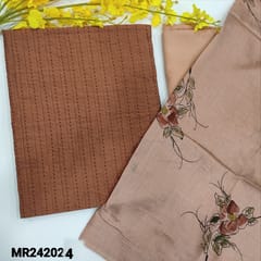 CODE MR242024 : Dark onion pink fancy silk cotton unstitched salwar material,pintex&kantha stitch work on front(lining needed)contrast pastel pink cotton bottom,soft silk cotton block printed dupatta(TAPINGS REQUIRED).