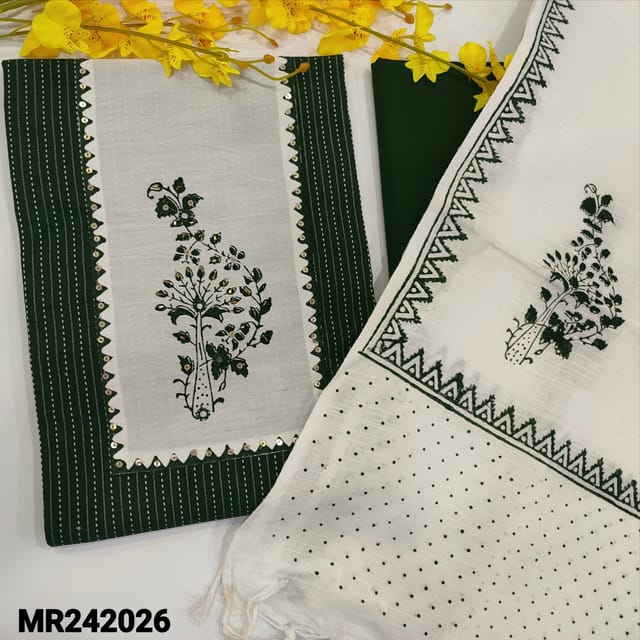 CODE MR242026 : Dark green kantha cotton unstitched salwar material,yoke with block print&sequins(lining optional)matching cotton bottom,fancy block printed cotton dupatta.
