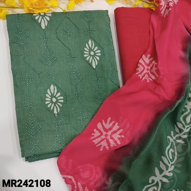 CODE MR242108 : Cement green original wax batik dyed pure cotton unstitched salwar material(thin,soft,lining needed)embroidery on front,dark pink drum dyed pure soft cotton bottom,wax batik dyed dual shaded chiffon dupatta.
