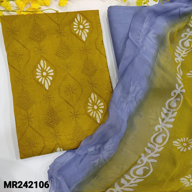 CODE MR242106 : Mehandi yellow original wax batik dyed pure cotton unstitched salwar material(thin,soft,lining needed)embroidery on front,powder blue drum dyed pure soft cotton bottom,wax batik dyed dual shaded chiffon dupatta.