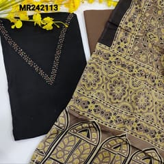 CODE MR242113 : Black dola silk unstitched salwar material,v neck with thread&sequins work(soft,silky,lining needed)dark beige santoon bottom,pure modal silk dupatta with ajrak block printed(TAPINS REQUIRED).