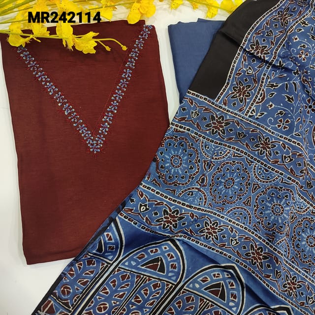 CODE MR242114 : Maroon dola silk unstitched salwar material,v neck with thread&sequins work(soft,silky,lining needed)indigo blue santoon bottom,pure modal silk dupatta with ajrak block printed(TAPINS REQUIRED).