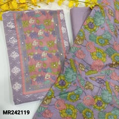 CODE MR242119 : Light purple pure soft cotton unstitched salwar material,contrast floral printed yoke patch,embroidered&printed on front(lining provided)NO BOTTOM,printed mul cotton dupatta with tapings.