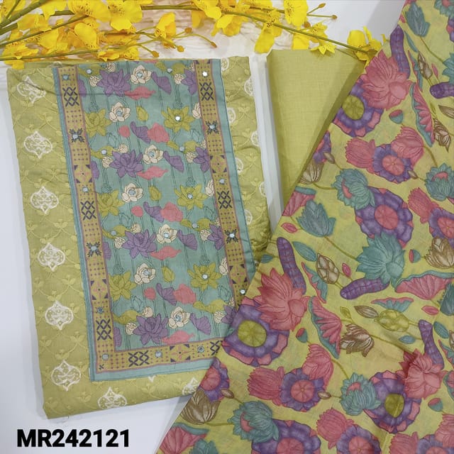 CODE MR242121 : Pastel green pure soft cotton unstitched salwar material,contrast floral printed yoke patch,embroidered&printed on front(lining provided)NO BOTTOM,printed mul cotton dupatta with tapings.