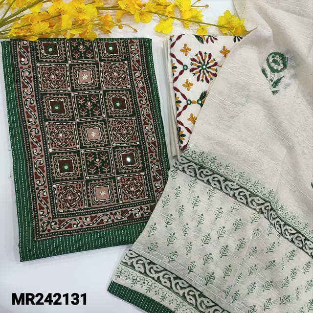 CODE MR242131 : Dark green kantha cotton unstitched salwar material,ajrak block print with kantha stitch on yoke(lining optional)half white jute flex cotton embroidered bottom,fancy soft silk cotton block printed dupatta with sequins(REQUIRED TAPINGS)