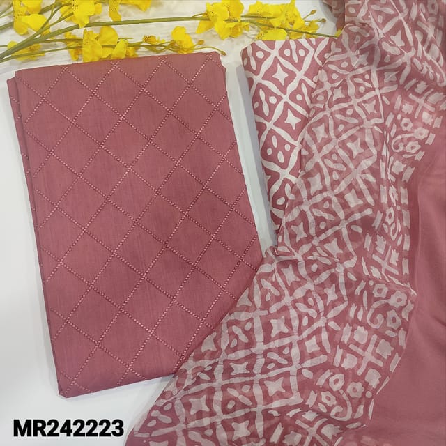 CODE MR242223 : Pink premium cotton unstitched salwar material,self embroidered on front(thin,lining needed)printed batik dyed pure cotton bottom,printed chiffon dupatta(TAPINGS REQUIRED).