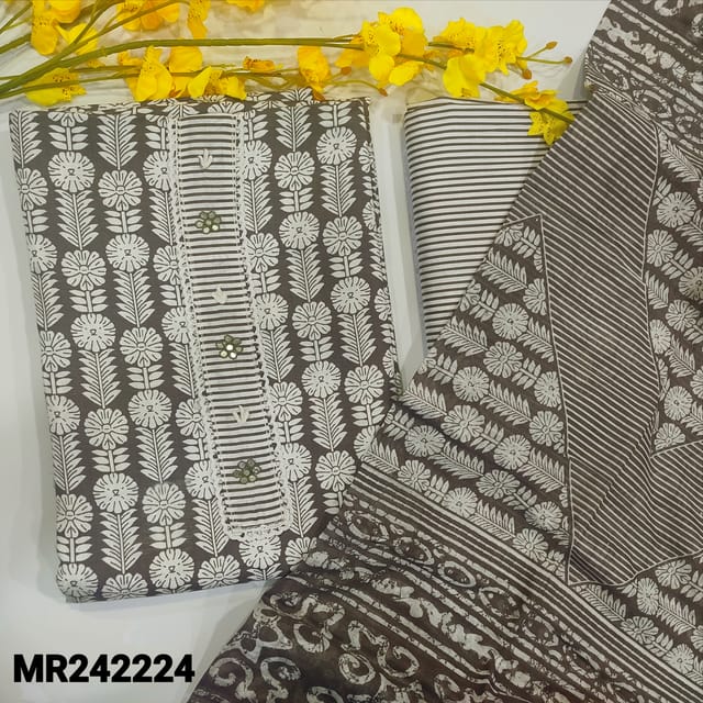 CODE MR242224 :Grey printed soft cotton unstitched salwar material,faux mirror & thread detailing on yoke(lining optional)printed cotton bottom,printed mul cotton dupatta (TAPINS REQUIRED).