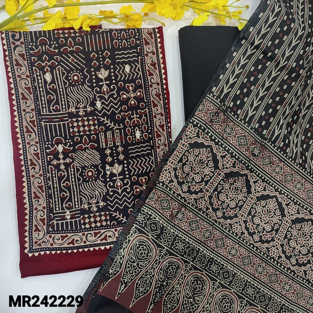 CODE MR242229 : Reddish maroon satin cotton unstitched salwar material,ajrak bock prited yoke with zari&real mirror(lining optional)kota lace work on daman,black drum dyed soft cotton bottom,block printed cotton dupatta with kota lace tapings.