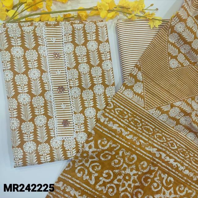 CODE MR242225 :Mehandi yellow printed soft cotton unstitched salwar material,faux mirror & thread detailing on yoke(lining optional)printed cotton bottom,printed mul cotton dupatta (TAPINS REQUIRED).