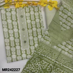 CODE MR242227 : Light green printed soft cotton unstitched salwar material,faux mirror & thread detailing on yoke(lining optional)printed cotton bottom,printed mul cotton dupatta (TAPINS REQUIRED).