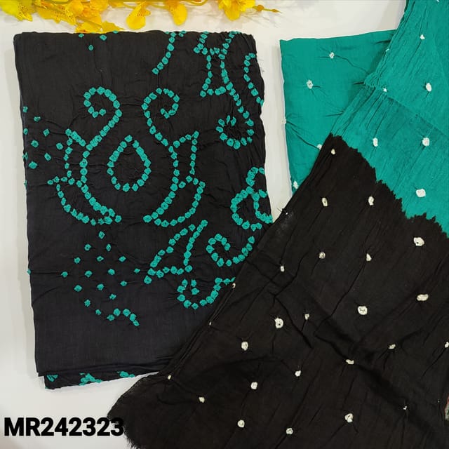 CODE MR242323 : Navy blue pure cotton unstitched salwar material,original bandhini work all over(thin,lining needed)contrast turquoise green cotton bottom,dual shaded cotton dupatta with borders(TAPINGS REQUIRED).