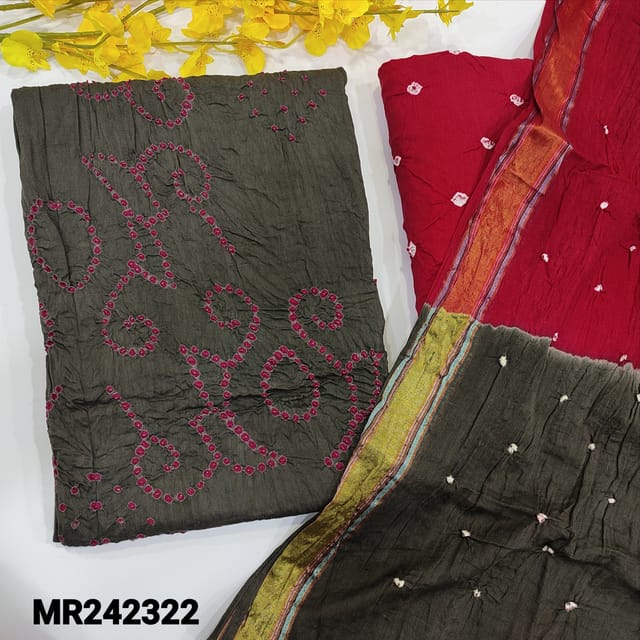 CODE MR242322 : Dark grey pure cotton unstitched salwar material,original bandhini work all over(thin,lining needed)contrast dark pink cotton bottom,dual shaded cotton dupatta with borders(TAPINGS REQUIRED).