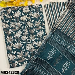 CODE MR242320 : Dark teal blue pure cotton unstitched salwar material,angraha neckline with zardosi&sequins work,floral printed all over(lining optional)printed cotton bottom,crinkled mul cotton dupatta with kota lace tapings.