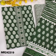 CODE MR242319 : Dark green slub cotton unstitched salwar material,yoke with thread&sequins work,printed all over(lining optional)printed slub cotton bottom,printed soft cotton dupatta(TAPINGS REQUIRED).