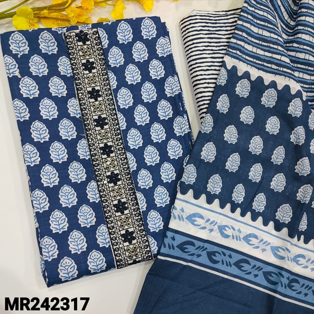 CODE MR242317 : Ink blue slub cotton unstitched salwar material,yoke with thread&sequins work,printed all over(lining optional)printed slub cotton bottom,printed soft cotton dupattaTAPINGS REQUIRED).