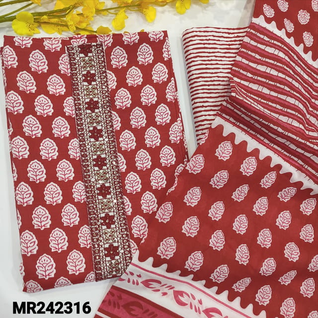 CODE MR242316 : Red slub cotton unstitched salwar material,yoke with thread&sequins work,printed all over(lining optional)printed slub cotton bottom,printed soft cotton dupatta(TAPINGS REQUIRED).