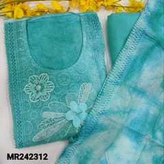 CODE MR242312 : Blue soft silk cotton shibori dyed unstitched salwar material,self embroidery work on yoke,zari buttas on front(thin,lining needed)lace work on daman,matching santoon bottom,soft silk cotton dupatta with tassled tapings.
