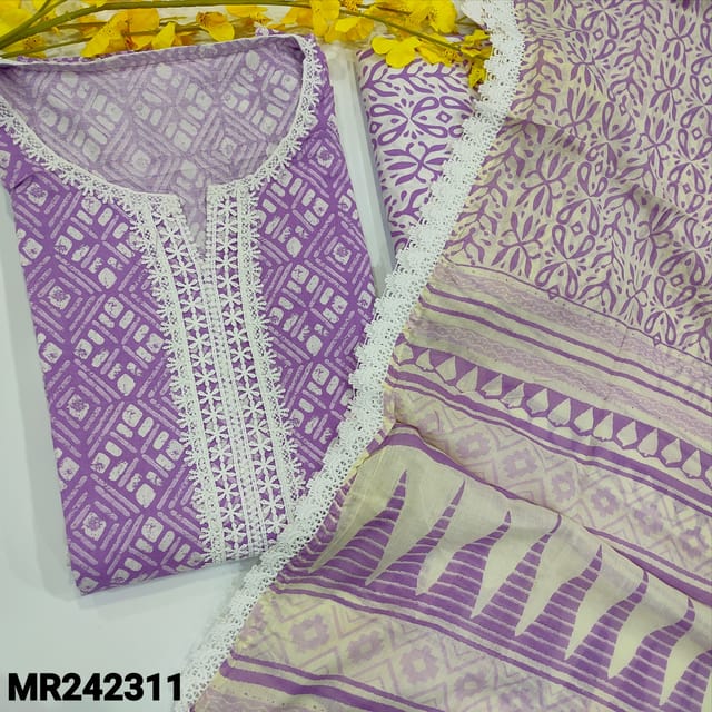 CODE MR242311 : Purple shade pure cotton unstitched salwar material,lace work on yoke,printed all over(lining optional)lace work on daman,printed cotton bottom,mul cotton dupatta with lace tapings.