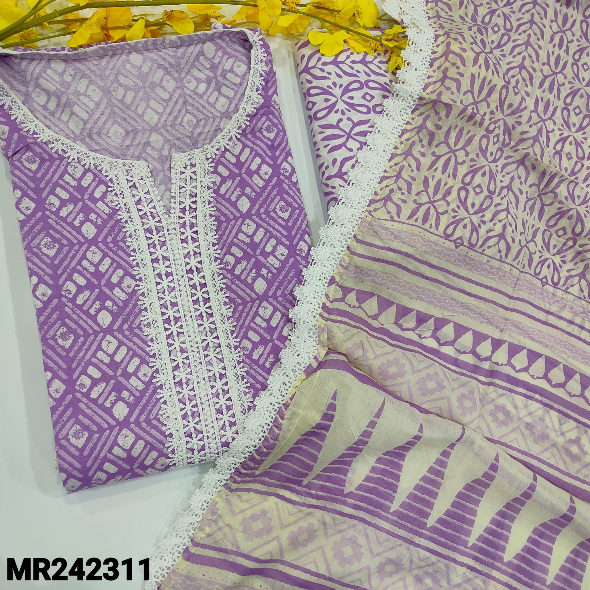 CODE MR241706 : Purple pure cotton unstitched salwar material