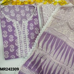 CODE MR242309 : Purple shade pure cotton unstitched salwar material,lace work on yoke,printed all over(lining optional)lace work on daman,printed cotton bottom,mul cotton dupatta with lace tapings.