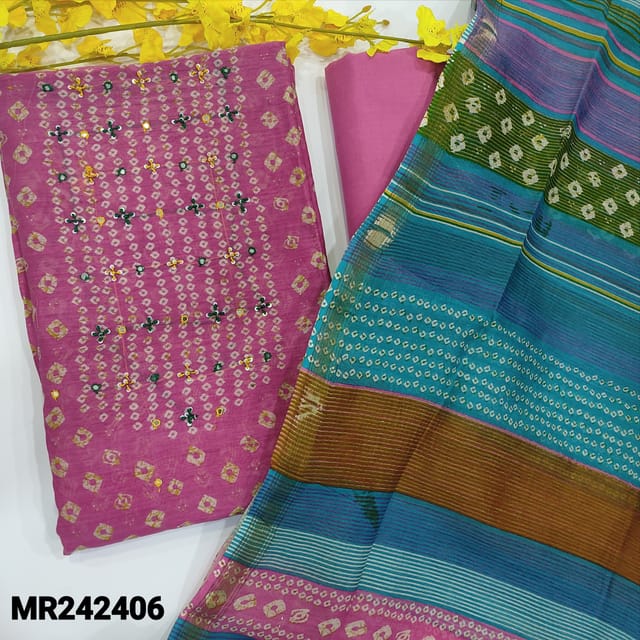 CODE MR242406 : Pink designer premium silk cotton unstitched salwar material,thread&faux mirror work on yoke,bandhini print all over(thin,lining needed)matching pure cotton bottom,silk cotton dupatta with gold tissue borders(TAPINGS REQUIRED).