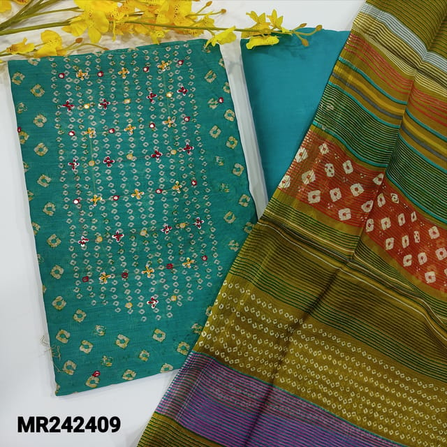 CODE MR242409 : Turquoise blue designer premium silk cotton unstitched salwar material,thread&faux mirror work on yoke,bandhini print all over(thin,lining needed)matching pure cotton bottom,silk cotton dupatta with gold tissue borders(TAPINGS REQUIRED).
