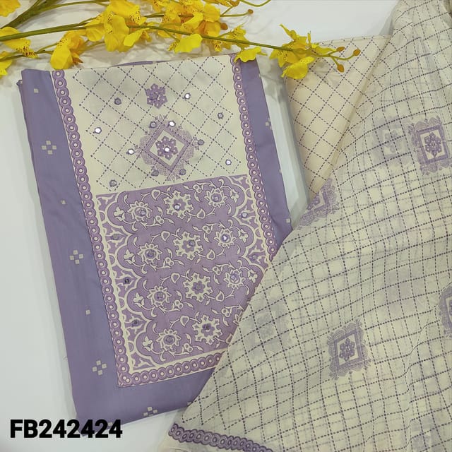CODE MR242424 : Lavender soft rayon unstitched salwar material,printed&faux mirror work on yoke,printed all over(lining optional)half white base printed spun cotton bottom,soft mixed cotton block printed dupatta(REQUIRED TAPINGS).