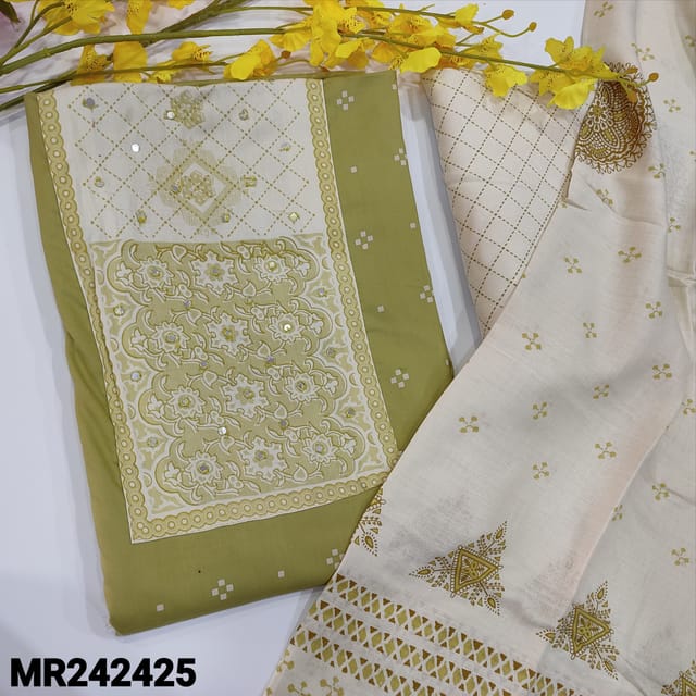 CODE MR242425 : Cardamom green soft rayon unstitched salwar material,printed&faux mirror work on yoke,printed all over(lining optional)half white base printed spun cotton bottom,soft mixed cotton block printed dupatta(REQUIRED TAPINGS).