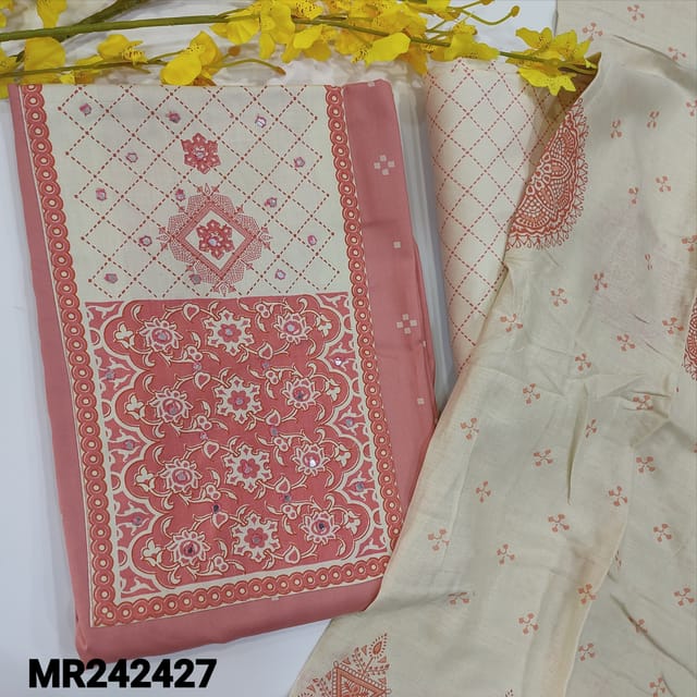 CODE MR242427 : Pastel pink soft rayon unstitched salwar material,printed&faux mirror work on yoke,printed all over(lining optional)half white base printed spun cotton bottom,soft mixed cotton block printed dupatta(REQUIRED TAPINGS).
