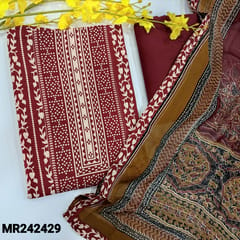 CODE MR242429 : Maroon premium cotton unstitched salwar material,vertical printed all over(lining optional)matching cotton bottom,pure chiffon pattola printed dupatta with tapings.