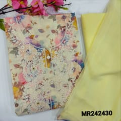 CODE MR242430 : Pastel yellow Printed Premium Linen unstitched Salwar material(soft fabric, lining optional) chikankari embroidery work, foil work and fancy buttons on yoke, Matching Cotton Bottom, chiffon dupatta with tapings.