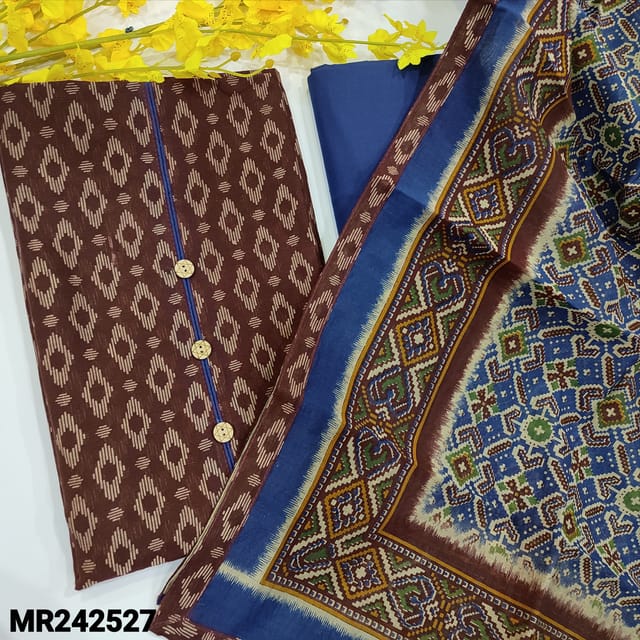 CODE MR242527 : Dark maroon fancy silk cotton unstitched salwar material,piping&wooden buttons on yoke,ikat printed all over(thin,lining needed)contrast piping on daman,blue cotton bottom,printed fancy silk cotton dupatta with tapings.