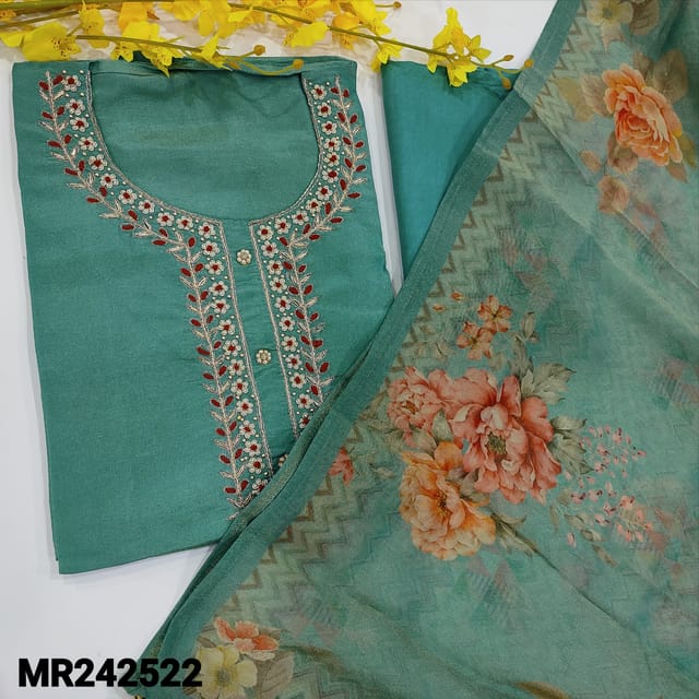 CODE MR242522 : Designer pastel blue with golden tint pure tissue organza unstitched salwar material,rich work on yoke(shiny,lining needed)matching santoon bottom,floral printed tissue organza short with dupatta with tapings.