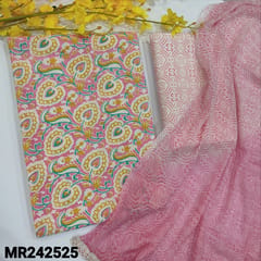 CODE MR242525 : Pink pure soft cotton unstitched salwar material,printed all over(lining optional)printed cotton bottom,dual shaded chiffon dupatta with fancy lace tapings.