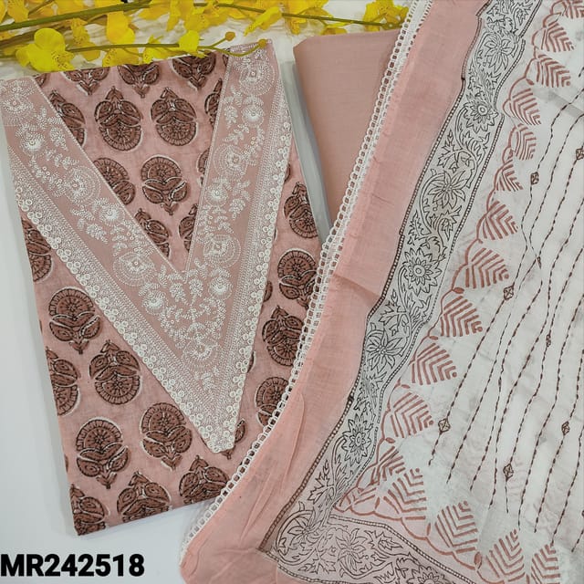 CODE MR242518 : Light onion pink pure cotton block printed unstitched salwar material,v neck with embroidery&sequins work(lining provided)lace work on daman,NO BOTTOM,kantha stitched mul cottob dupatta with lace tapings.