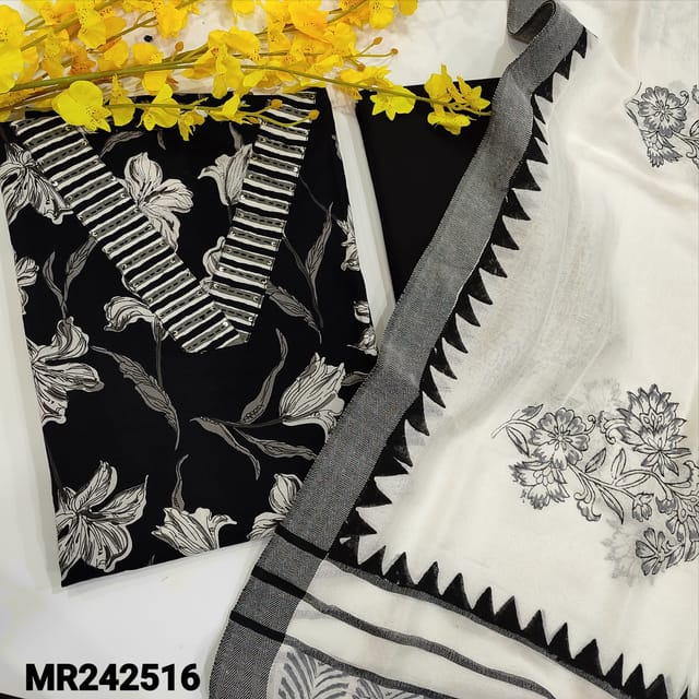CODE MR242516 : Black pure cotton unstitched salwar material,v neck with kantha stitch&sequins work,floral printed all over(lining optional)matching cotton bottom,block printed soft fancy silk cotton dupatta with thread woven borders(REQUIRED TAPINGS).