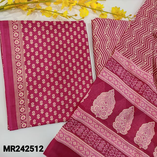 CODE MR242512 : Bright pink pure cotton unstitched salwar material,printed all over(lining optional)printed cotton bottom,printed mul cotton dupatta(REQUIRED TAPINGS).