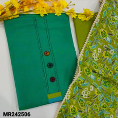 CODE MR242506 : Bright turquoise green south cotton unstitched salwar material,fancy buttons&kantha stitch work on yoke(lining optional)printed daman border,light green cotton bottom,printed cotton dupatta with lace tapings.