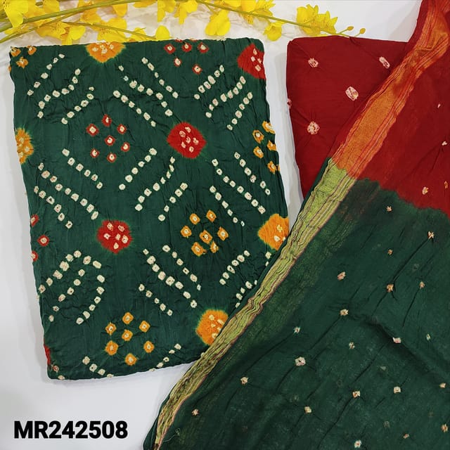 CODE MR242508 : Dark green base pure cotton unstitched salwar material,original bandhini work all over(thin,lining needed)contrast reddish maroon cotton bottom,dual shaded mul cotton dupatta with borders(TAPINGS REQUIRED).