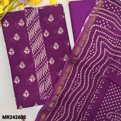 CODE MR242605 : Purple chanderi silk cotton unstitched salwar material(thin,lining needed)dark purplish pink cotton bottom,bandhini printed chanderi silk cotton dupatta(TAPINGS REQUIRED).
