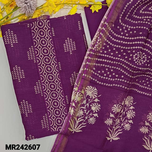 CODE MR242607 : Purple chanderi silk cotton unstitched salwar material(thin,lining needed)dark purplish pink cotton bottom,bandhini printed chanderi silk cotton dupatta(TAPINGS REQUIRED).