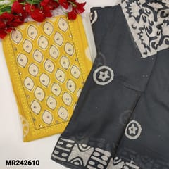 CODE MR242610 : Yellow pure soft cotton unstitched salwar material,yoke with thread&faux mirror work,original wax batik pattern on front(thin,lining needed)grey cotton bottom,pure mul cotton dupatta(TAPINGS REQUIRED)